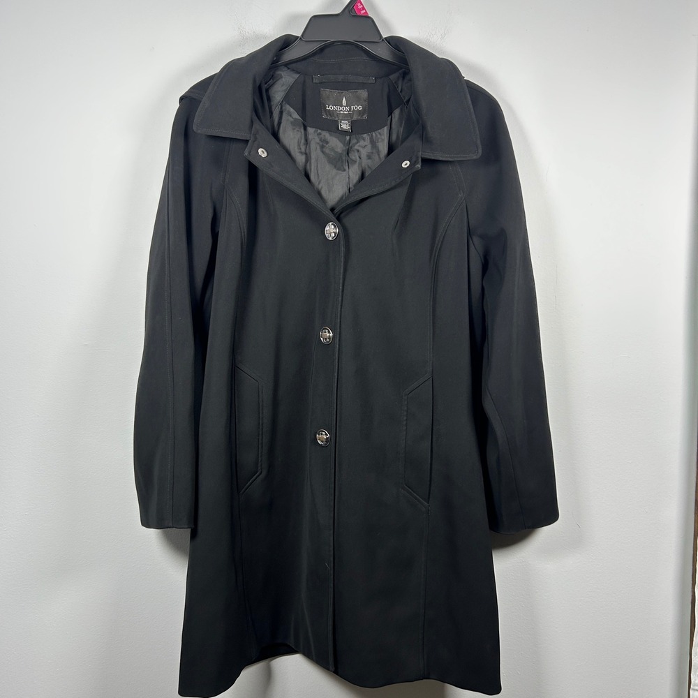 London Fog Trench Coat Women PXXL Black Detachable Hood Button Front Jacket
